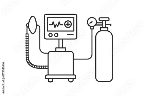 Medical equipment shows a monitor connected to an oxygen tank in a healthcare setting during the day for patient care