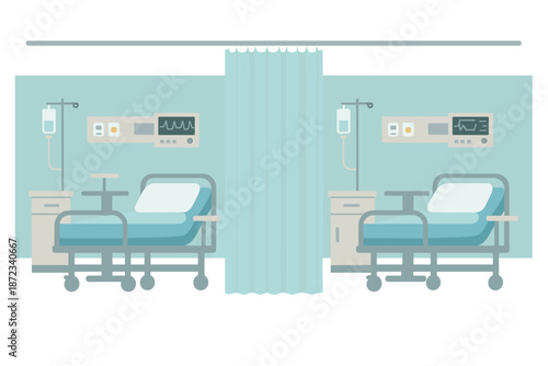 Hospital room with two empty beds, medical equipment, and a curtain for privacy in a healthcare setting