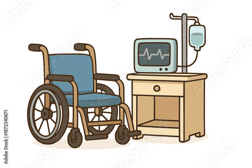 Medical equipment setup with wheelchair and monitoring device in clinical setting for patient care