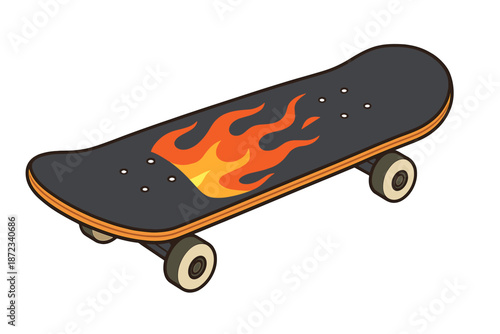 Skateboard with flame design rests on the ground in a simple setting during daytime
