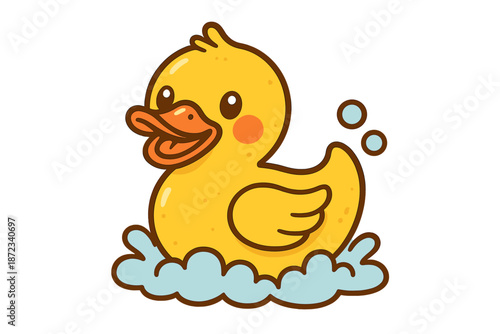 Cute yellow rubber duck floating in blue water with bubbles during bath time