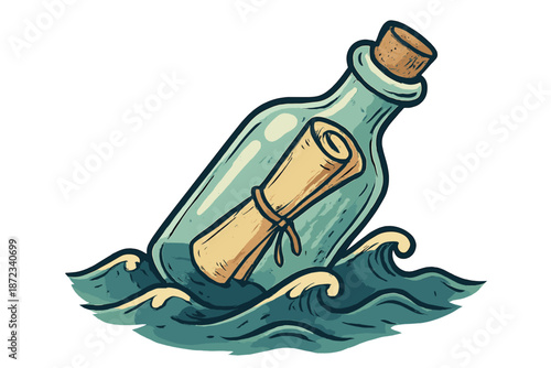Message in a bottle floats on waves in ocean waters during daytime with blue and green shades around