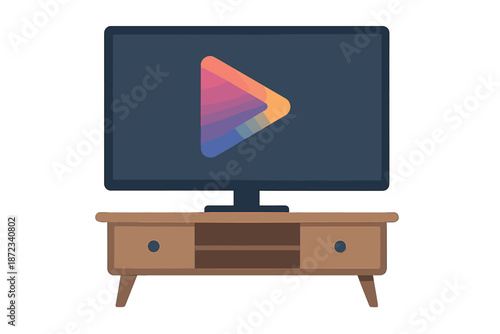 Digital media player on a simple wooden television stand with a colorful play button displayed on the screen