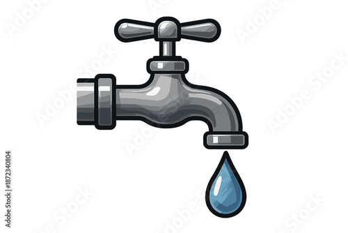 Metal faucet with a water drop hanging from the spout showing a simple kitchen fixture in a detailed design