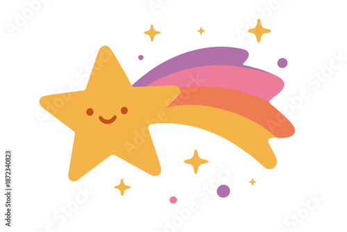 Star with a colorful tail moves across a bright sky with sparkles around it