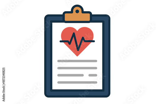 Health report showing a heart with a heartbeat line on a clipboard in a simple design