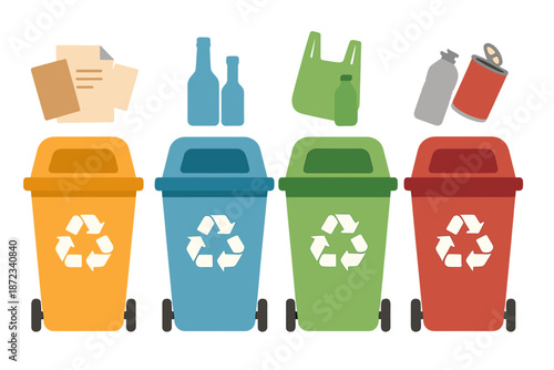 Different types of trash bins are shown with items for recycling during the day in a city environment