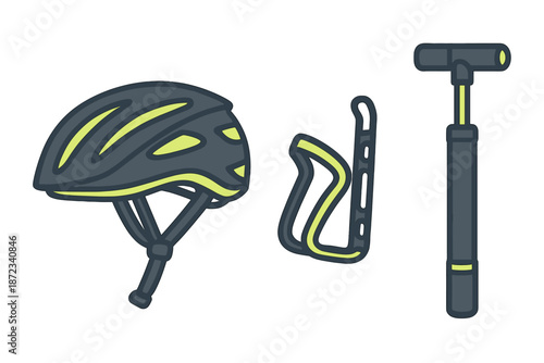 Bicycle safety gear and tools in a simple arrangement on a white background