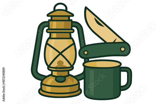 Lantern and cup with a knife on a simple surface during a camping trip in the evening