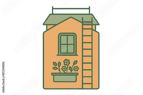 House with ladder and flower box in simple design showing a bright and inviting scene