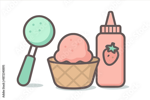 Colorful ice cream scoop with strawberry topping in a bowl on a plain background