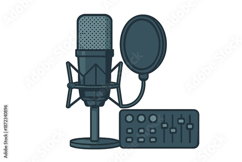 Basic microphone setup with pop filter and sound mixer on a stand for recording audio in a studio environment