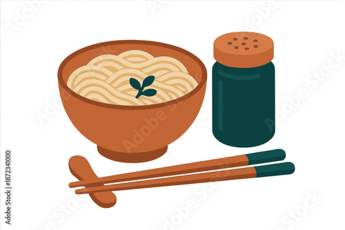 Bowl of noodles with chopsticks and seasoning jar on table in simple design