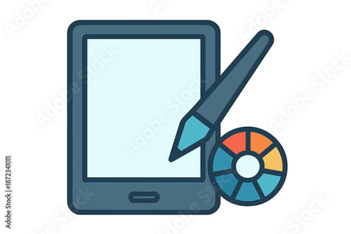 Digital tablet and stylus with a color wheel for graphic design and art creation in a studio setting