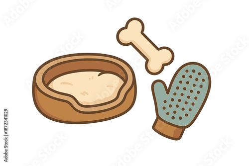 Dog bowl and bone next to an oven mitt on a plain background