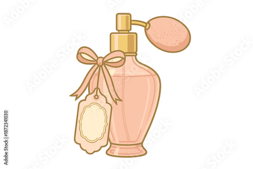 Details of a vintage perfume bottle with bow and tag placed on a soft background