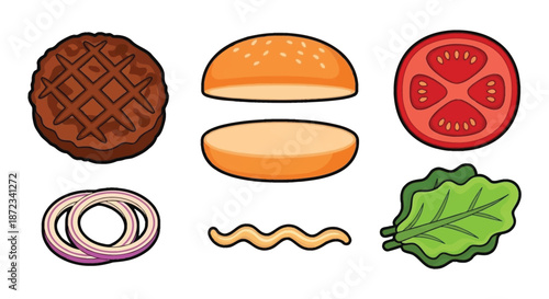 Fresh burger ingredients and condiments arranged in a colorful illustrative display