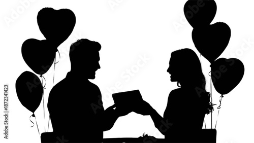 A loving silhouette of a couple exchanging a gift surrounded by heart balloons