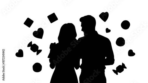 Silhouette of a loving couple surrounded by hearts and candies, celebrating romance