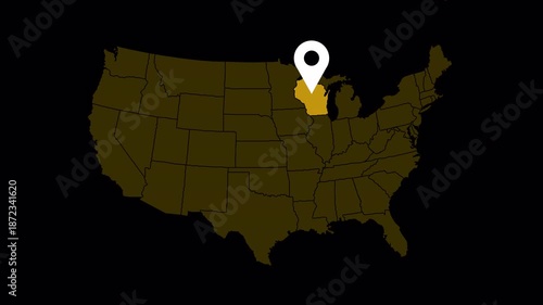 High quality 4K animation of the Wisconsin state map with a location pin marker. Clean motion graphic suitable for navigation, travel, business location, presentations