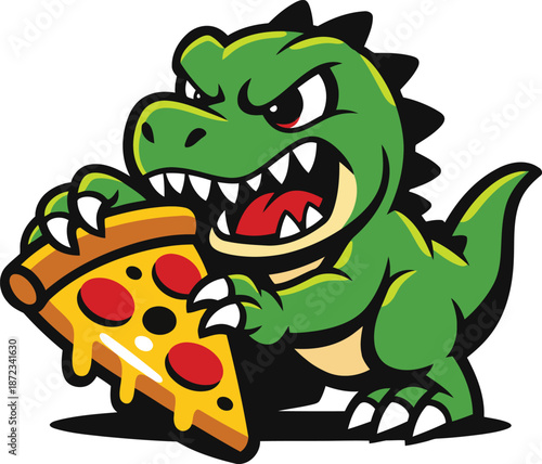 A cartoon green dinosaur eating a slice of pizza with melted cheese and pepperoni