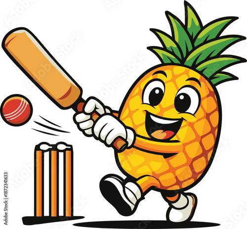 Pineapple cartoon character playing cricket with bat and ball