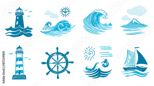 Hand-Drawn Nautical Elements Set: Vintage Ocean Waves, Lighthouses, Ship's Wheel, and Sailboat Illustrations