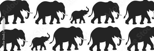 Elephant silhouette set, African wildlife herd collection, adult and baby elephants, safari animals, isolated black vector illustration