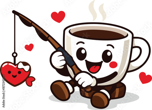 A cartoon coffee cup character holding a fishing rod with a heart shaped lure and surrounded by floating hearts