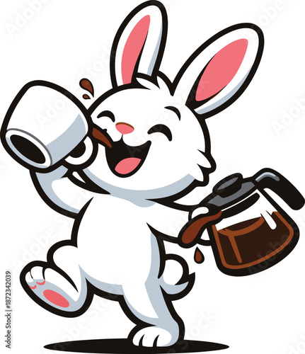 A cheerful cartoon bunny enjoying a cup of coffee