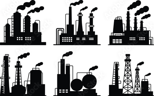 Industrial factory silhouettes set, oil refinery plant icons collection, smoke chimney pollution concept, isolated black vector illustration