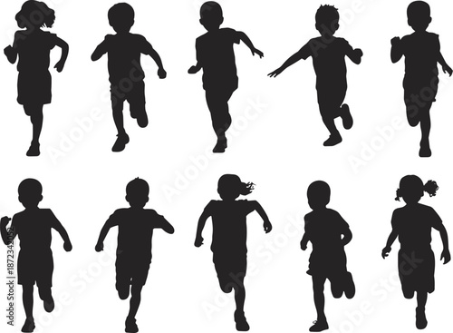 Running kids silhouette set, children jogging action poses, active healthy lifestyle concept, black vector isolated white background.
