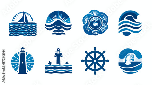 Nautical marine vector icons set with sailboat, waves, lighthouse, ship wheel, and sea elements. Ocean adventure travel symbols.