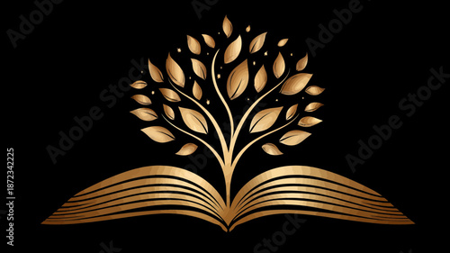 Golden stylized tree growing from open book. Elegant graphic design for education, knowledge, learning, wisdom, and literature concept.