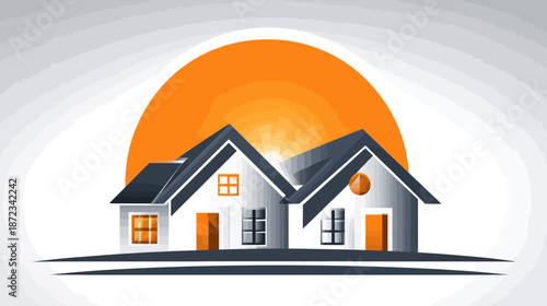 Stylized modern houses icon with vibrant orange sun on a gradient background, ideal for real estate, property, and housing concepts.