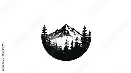 Minimalist black and white mountain peak and pine forest vector illustration in a circular frame design, nature emblem
