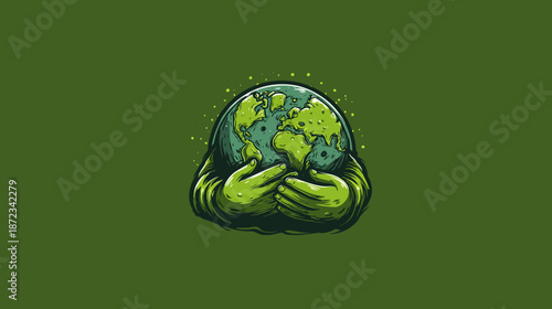 Green Hands Cradling Planet Earth. Environmental Protection, Ecology, Nature Care, Global Responsibility Concept Illustration.