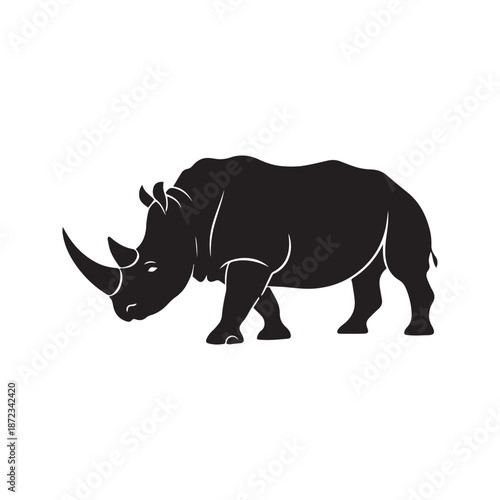 Silhouette of a majestic rhinoceros, a powerful symbol of the wild, captured in a striking black and white graphic illustration