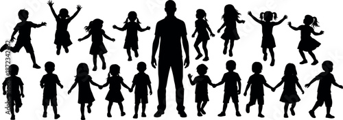 Black silhouettes of happy children jumping playing and holding hands standing around a tall adult man mentor leader on white.