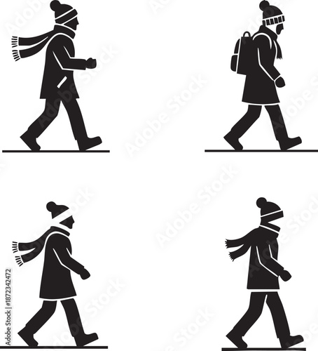 Illustration of people walking in winter clothing from different viewpoints