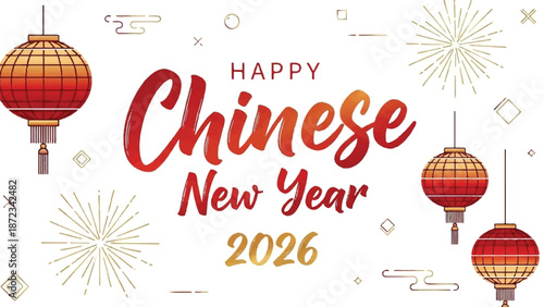 Happy chinese new year 2026 with lanterns fireworks and auspicious symbols