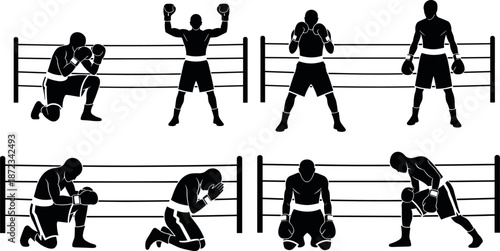 Black silhouette vector illustration of boxers in various poses showing victory defeat prayer and exhaustion inside a professional boxing ring.