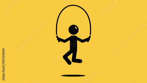 Energetic Stick Figure Child Jumping Rope on Bright Yellow Background