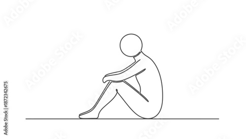 Sad Line Art Stick Figure Person Sitting with Knees Drawn to Chest, Isolated White Background