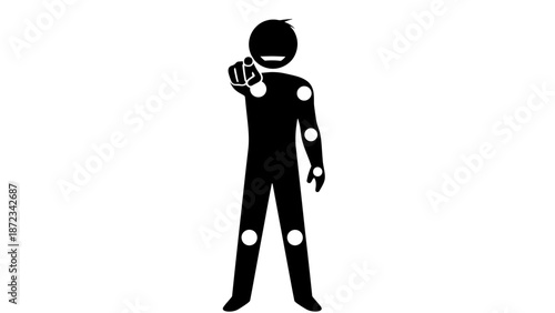 Stick Figure Man Pointing Forward with Glowing Dots on Body, Isolated White Background
