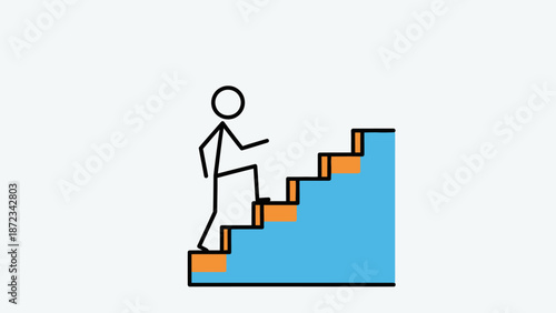 Stick Figure Man Climbing Up Colorful Stairs in a Bright Studio