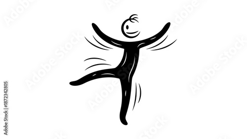 Energetic Stick Figure Person Dancing Joyfully with Spread Arms and Legs on Isolated White Background