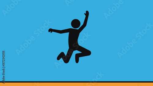 Joyful stick figure jumping high with arms up in bright studio