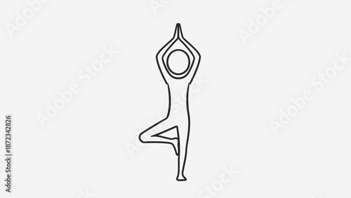 Peaceful stick figure practicing yoga tree pose in bright studio
