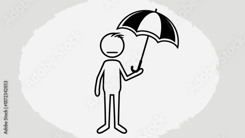 Worried stick figure holding umbrella in bright studio